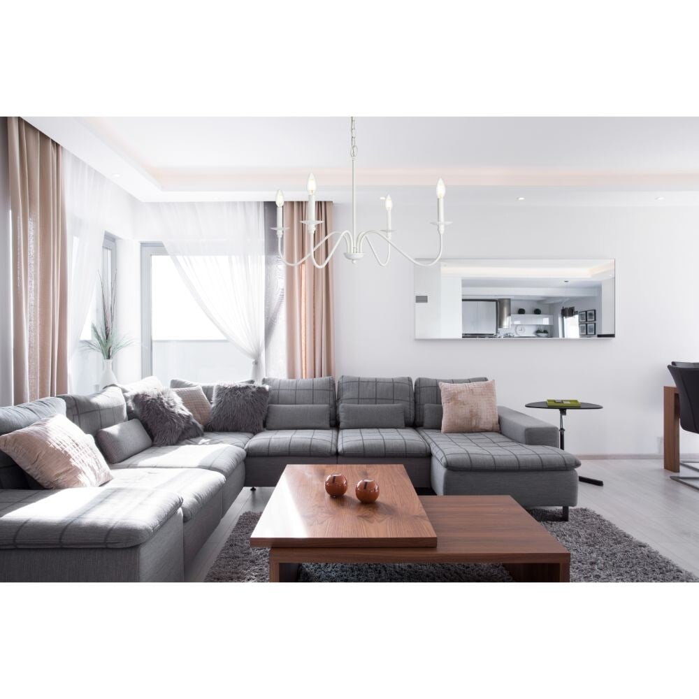 Living District Rohan 4-Light White Chandelier 30 Inch Farmhouse Style: Living District Rohan 4-Light White Chandelier 30 Inch Farmhouse Style Illuminate your space with this elegant 30-inch Rohan Chandelier, designed in a charming farmhouse style. This stunning light fix