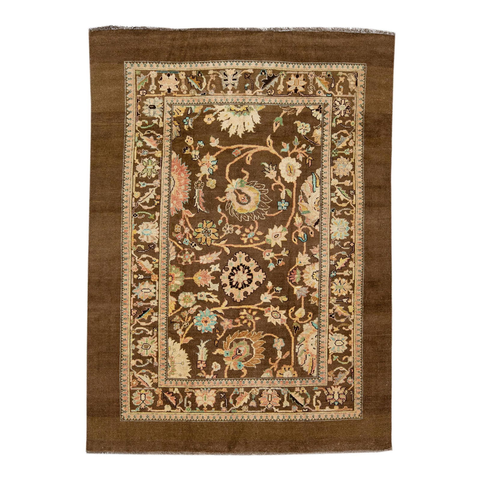 Handmade Brown Wool Rug Mid-Century Modern Floral Design 6'9 x 9'7: Handmade Brown Wool Rug Mid-Century Modern Floral Design 6'9 x 9'7 This exquisite Mid-Century Modern style handmade rug draws inspiration from 19th-century regional artisans, showcasing a timeless ble