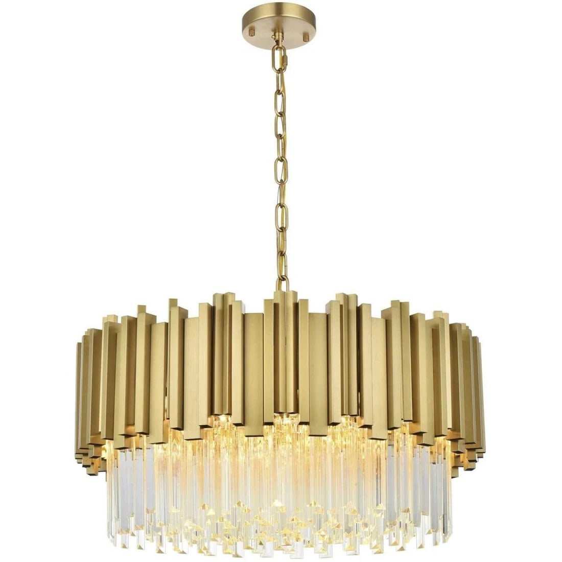 Willow 24 Inch Satin Gold and Crystal Modern Chandelier with 8 Lights: Willow 24 Inch Satin Gold and Crystal Modern Chandelier with 8 Lights This modern chandelier features a satin gold frame adorned with high-quality royal cut clear crystals. Designed to make a statemen