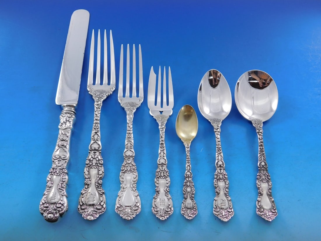 Gorham Imperial Chrysanthemum Sterling Silver Flatware Set 93 pcs Service for 12: Gorham Imperial Chrysanthemum Sterling Silver Flatware Set 93 pcs Service for 12 Elevate your dining experience with the exquisite Imperial Chrysanthemum flatware set by Gorham, crafted from high-qual