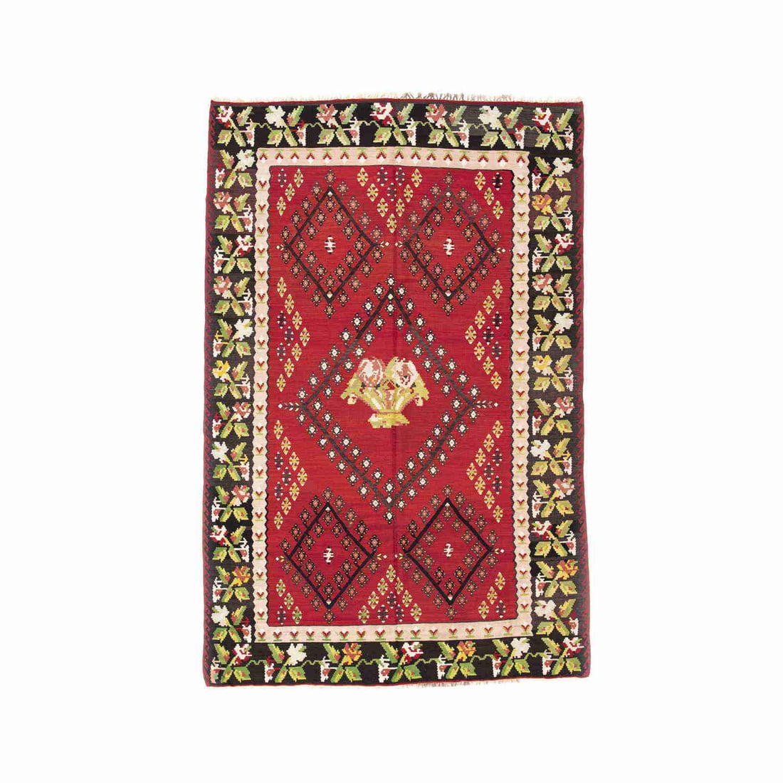 Handmade Gocmen Wool Kilim 78 x 121.3 Inches: Handmade Gocmen Wool Kilim 78 x 121.3 Inches This authentic handmade Gocmen kilim is crafted from high-quality wool on wool, showcasing exceptional artistry and craftsmanship. The flat woven design en