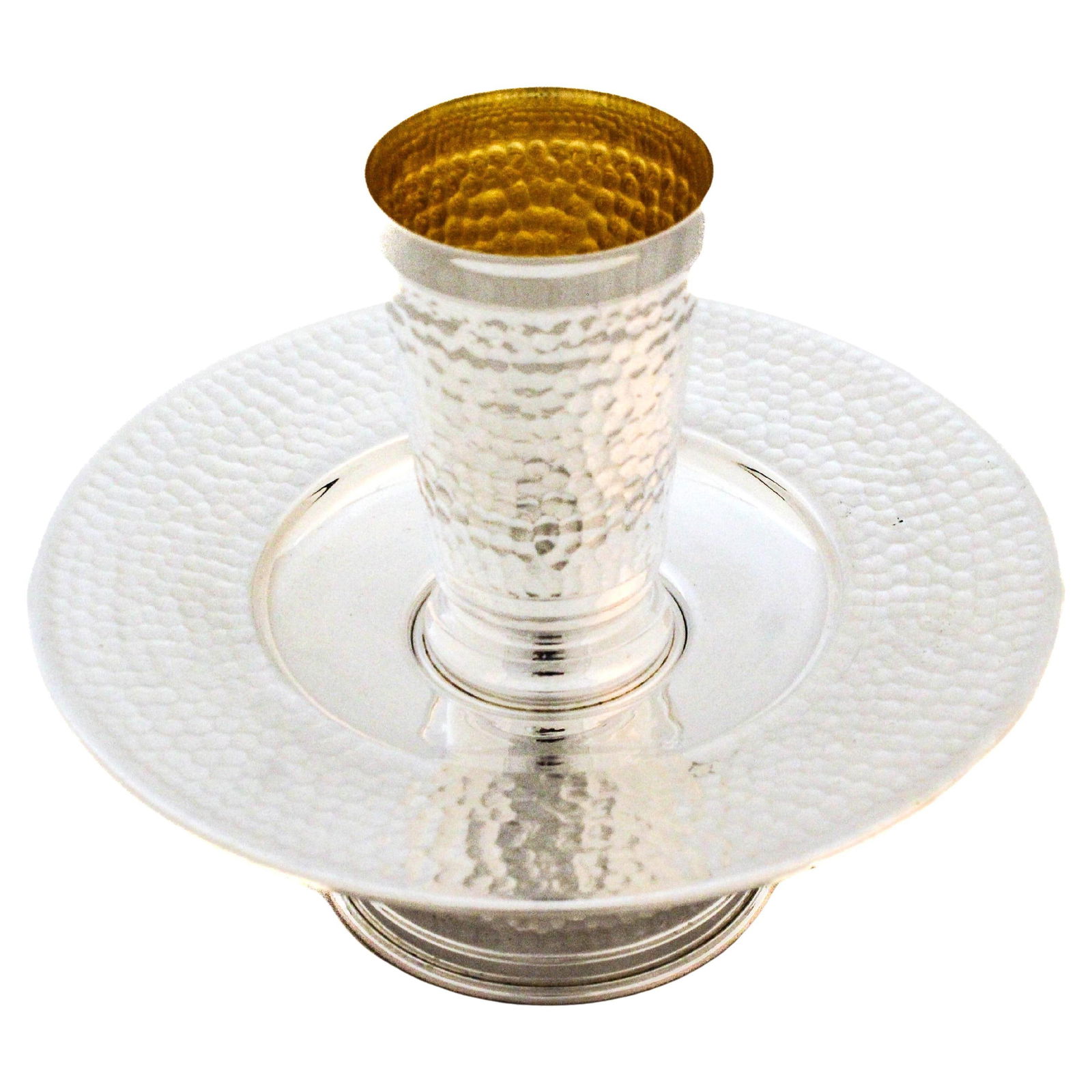 Hammered Sterling Silver Mayim Achronim Ritual Washing Set With Gilt Interior: Hammered Sterling Silver Mayim Achronim Ritual Washing Set With Gilt Interior This sterling silver Mayim Achronim set features a hand-hammered finish, offering a refined and understated design. The cy