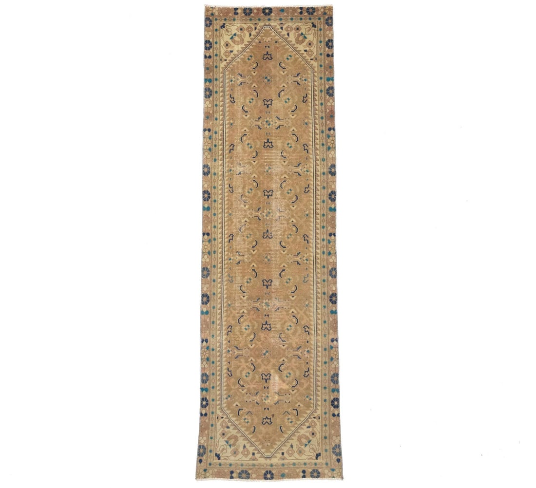 Vintage Tribal Floral Hand-Knotted Runner Rug 2'7 x 9'0: Vintage Tribal Floral Hand-Knotted Runner Rug 2'7 x 9'0 Elevate your space with this stunning semi-antique Oriental runner rug, featuring a tribal floral design that adds a touch of vintage charm to y