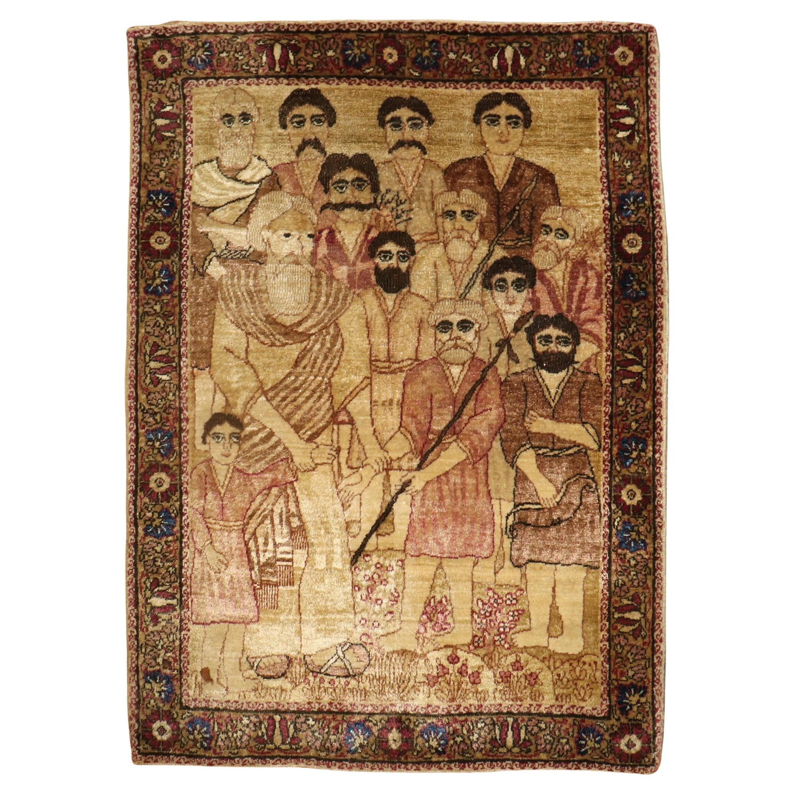 Late 19th Century Lavar Kerman Biblical Rug Hand-Woven Wool 23 x 32 in: Late 19th Century Lavar Kerman Biblical Rug Hand-Woven Wool 23 x 32 in Discover the beauty of this late 19th century Lavar Kerman Biblical rug, featuring a compelling expressionist design depicting Ja