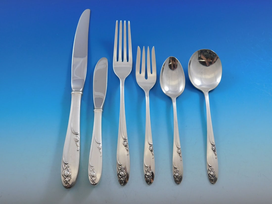 Alvin Rosecrest Sterling Silver Flatware Set 56 pcs Service for 8: Alvin Rosecrest Sterling Silver Flatware Set 56 pcs Service for 8 This is a scarce Rosecrest sterling silver flatware set by Alvin, designed for service of 8 with a total of 56 pieces. The set include