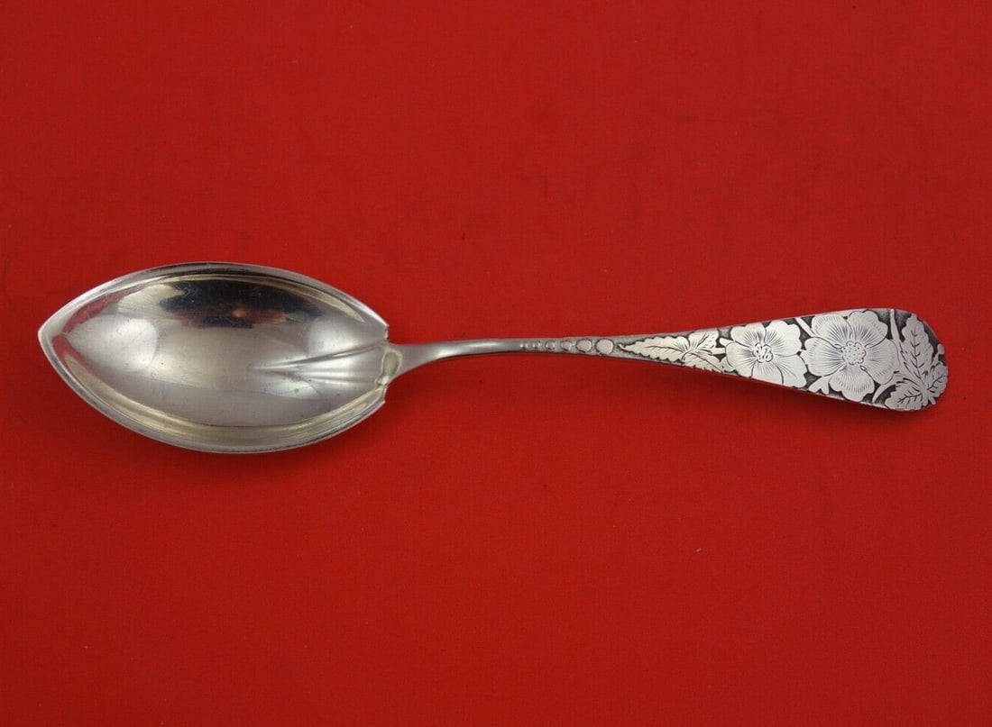 Sterling Silver Acid Etched Preserve Spoon 8 inches Monogrammed: Sterling Silver Acid Etched Preserve Spoon 8 inches Monogrammed This exquisite acid etched preserve spoon showcases a beautiful design featuring intricate flowers, crafted from high-quality sterling s