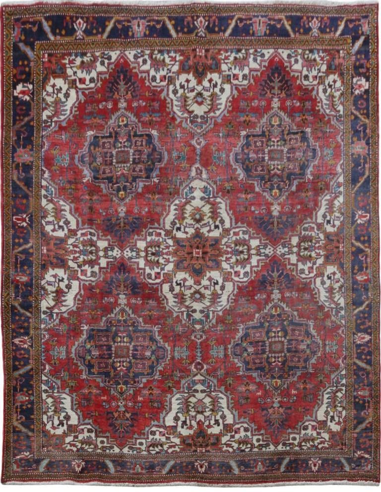 Unique Persian Heriz Handmade Rug 9.8 x 10.11 ft Red Ivory Blue: Unique Persian Heriz Handmade Rug 9.8 x 10.11 ft Red Ivory Blue Free continental US Shipping This unique Persian Heriz handmade rug measures 9' 8" x 10' 11" and features a captivating blend of traditi