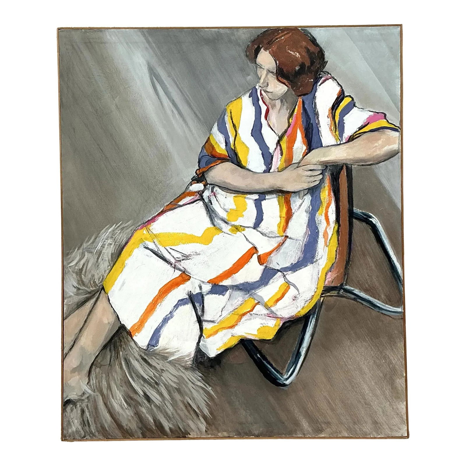 Vintage Boho Oil Portrait on Canvas Large Framed Artwork: Vintage Boho Oil Portrait on Canvas Large Framed Artwork This striking vintage boho oil portrait on canvas features a contemplative seated figure adorned in a vibrant, colorful robe with eye-catching