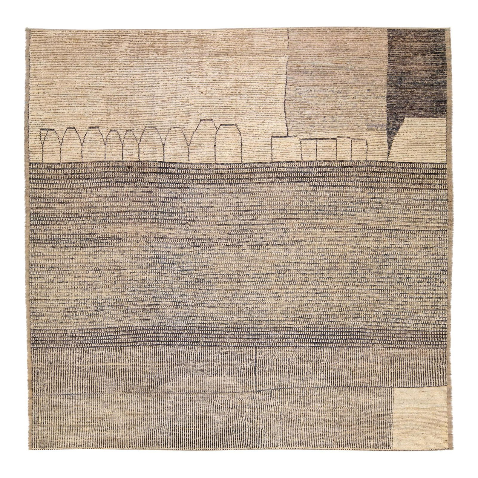 Handmade Moroccan Bohemian Square Wool Rug Beige 13' x 13'1: Handmade Moroccan Bohemian Square Wool Rug Beige 13' x 13'1 This stunning Moroccan style handmade wool rug features a beige field with rich brown accents, showcasing an intricate all-over geometric bo