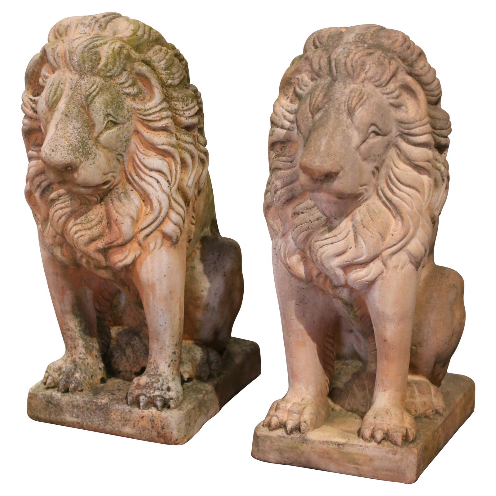 Set of 2 French Mid-Century Carved Stone Lions for Outdoor Display: Set of 2 French Mid-Century Carved Stone Lions for Outdoor Display This pair of mid-century French lion sculptures features hand-carved cast stone construction with a patinated, weathered finish. Crea