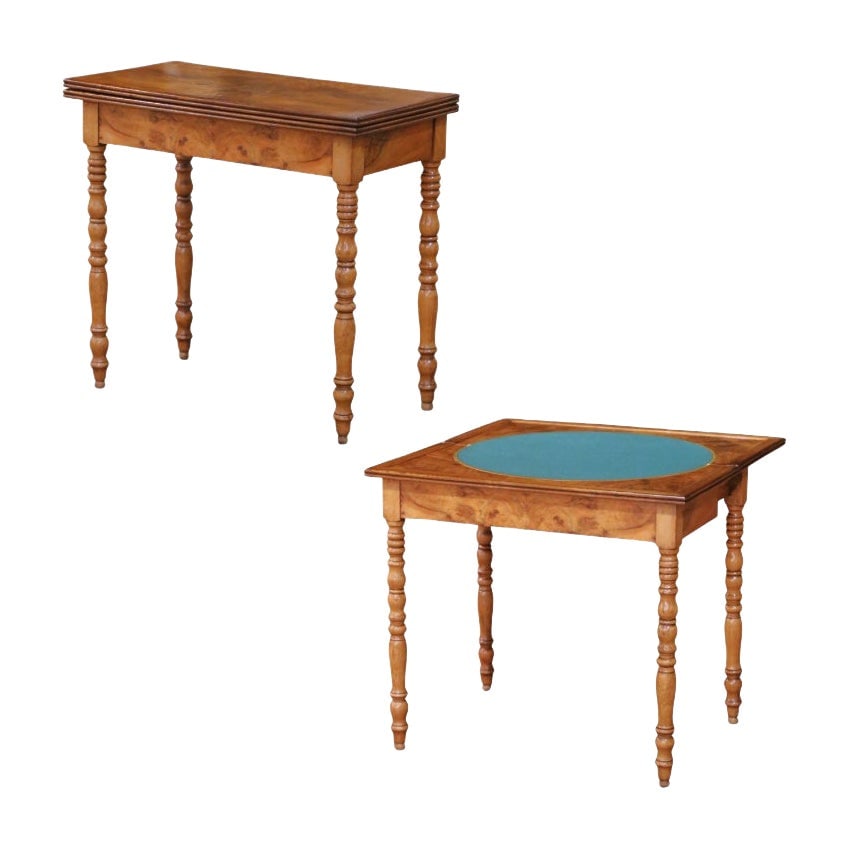 French Louis-Philippe Burl Walnut Convertible Game Table with Felt Surface circa 1850: French Louis-Philippe Burl Walnut Convertible Game Table with Felt Surface circa 1850 This 19th-century French Louis-Philippe folding game table, crafted circa 1850, features a discreet rectangular fo