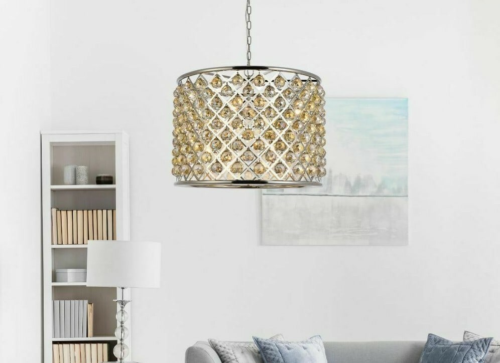 Madison 8-Light Chandelier Polished Nickel with Golden Teak Crystals 27.5in: Madison 8-Light Chandelier Polished Nickel with Golden Teak Crystals 27.5in Illuminate your space with this elegant 8-light chandelier, featuring a polished nickel frame adorned with stunning golden t