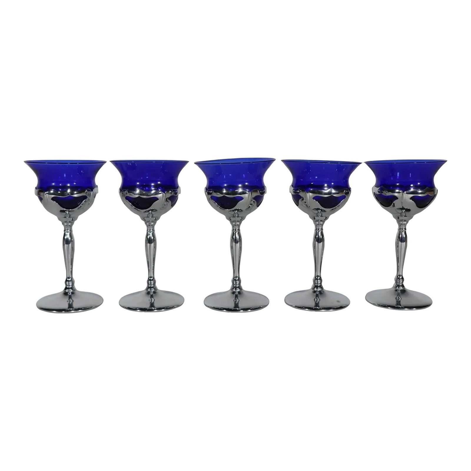 Set of 5 Farber Brothers Art Deco Cobalt Glass Wine Glasses: Set of 5 Farber Brothers Art Deco Cobalt Glass Wine Glasses Elevate your dining experience with this chic set of five wine glasses featuring a stunning cobalt glass top and a sleek chrome base. Crafte