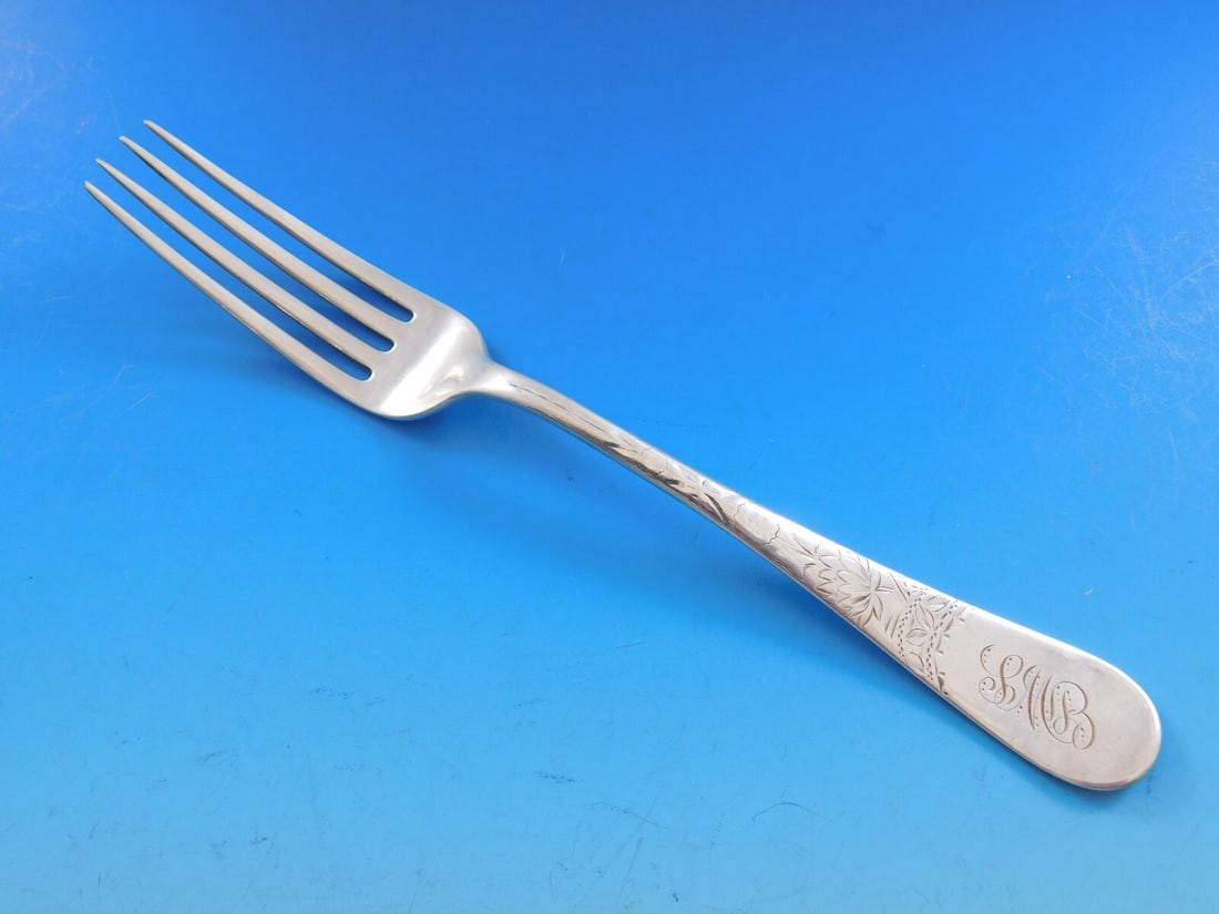 WH Harris Brite-Cut Sterling Silver Fork 7.5 Vintage Flatware: WH Harris Brite-Cut Sterling Silver Fork 7.5 Vintage Flatware This vintage Brite-Cut fork by WH Harris showcases exquisite craftsmanship in sterling silver. Measuring 7 1/2 inches, it features a beaut