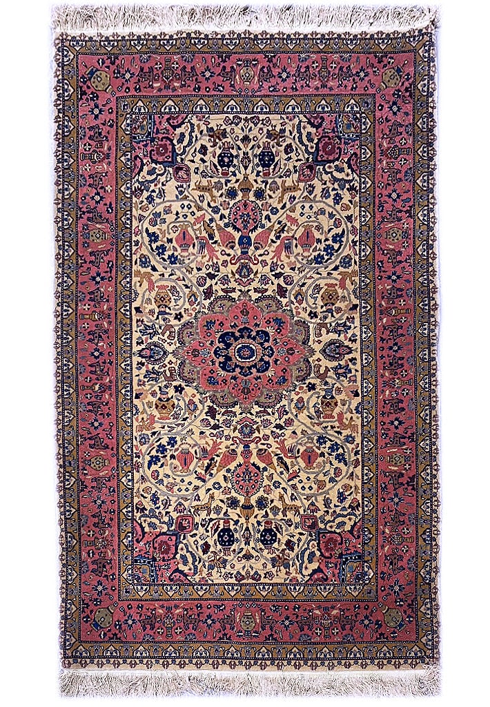 Handmade Tabriz Rug 3.1' x 5.1' Wool Silk Fine Weave Ivory Coral Green: Handmade Tabriz Rug 3.1' x 5.1' Wool Silk Fine Weave Ivory Coral Green Free continental US Shipping Introducing the exquisite 3' x 5' Wool and Silk on Silk Fine Weave Handmade Tabriz Rug, a true maste