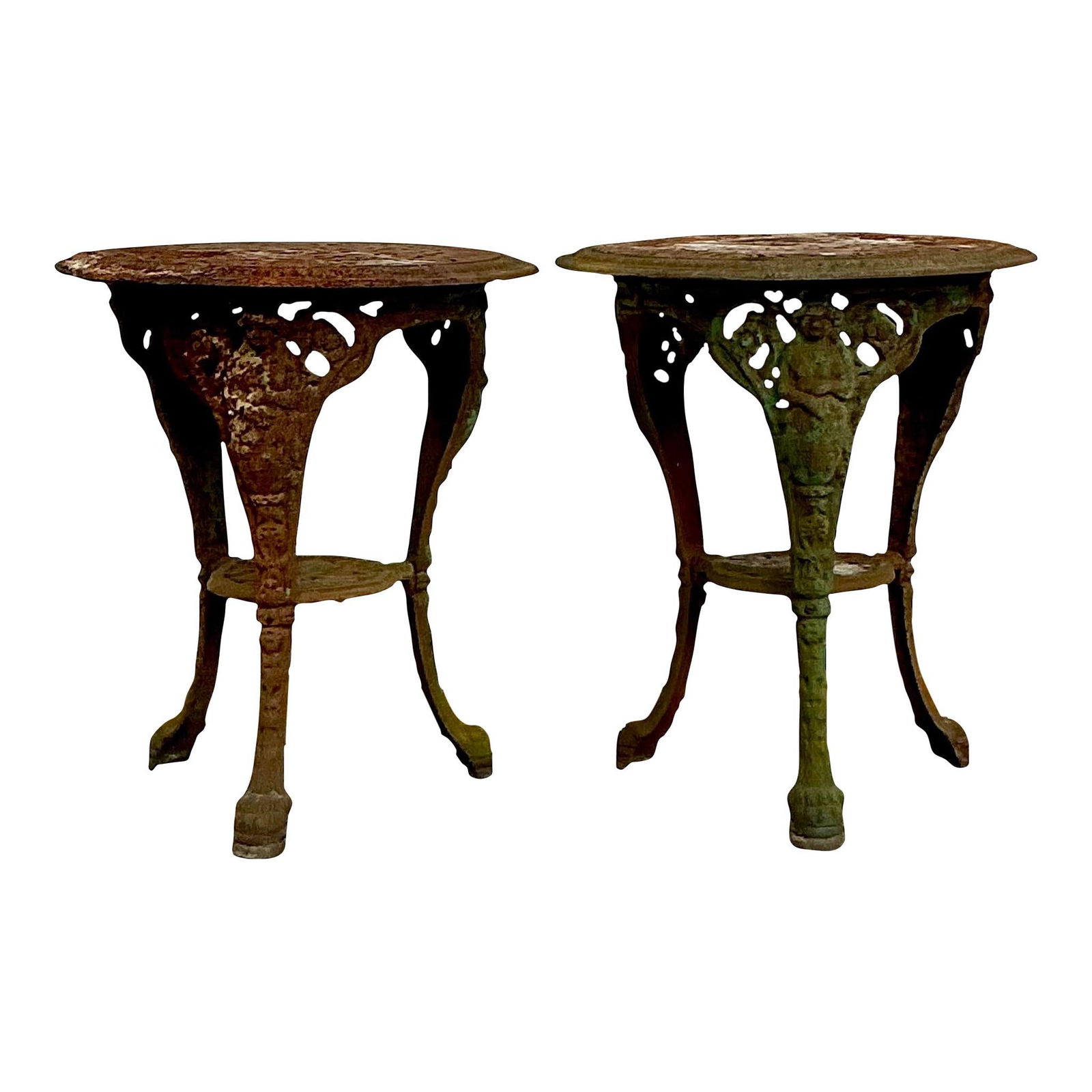Pair of Vintage Boho Patinated Wrought Iron Tables with Verdigris Finish: Pair of Vintage Boho Patinated Wrought Iron Tables with Verdigris Finish Enhance your space with the rustic charm of this stunning pair of Vintage Boho Patinated Wrought Iron Tables. Each table featur