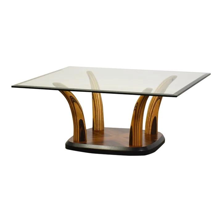 Henredon Mid-Century Modern Faux Tusk Coffee Table Rosewood Glass 35.75in: Henredon Mid-Century Modern Faux Tusk Coffee Table Rosewood Glass 35.75in This exquisite mid-century modern coffee table features a stunning design combining rosewood and zebra wood, styled to resembl