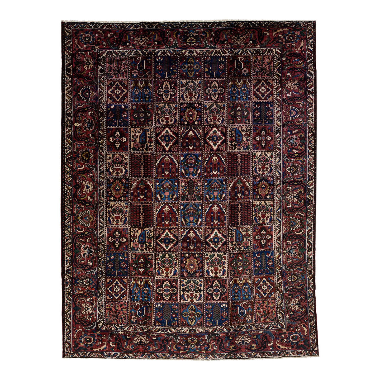 1920s Antique Persian Bakhtiari Wool Rug Multicolor Floral Design: 1920s Antique Persian Bakhtiari Wool Rug Multicolor Floral Design This exquisite Antique Bakhtiari rug showcases a stunning hand-knotted wool construction, featuring a rich burgundy color field adorne