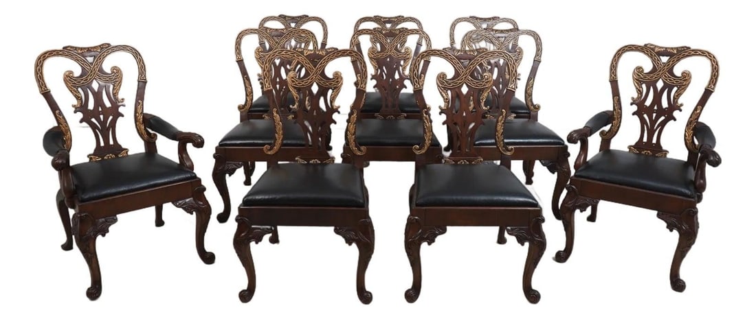 Set of 10 Ej Victor Georgian Mahogany Dining Chairs with Leather Seats: Set of 10 Ej Victor Georgian Mahogany Dining Chairs with Leather Seats This exquisite set of 10 Georgian-style dining room chairs from the Historic Mansions Collection features a timeless design craft