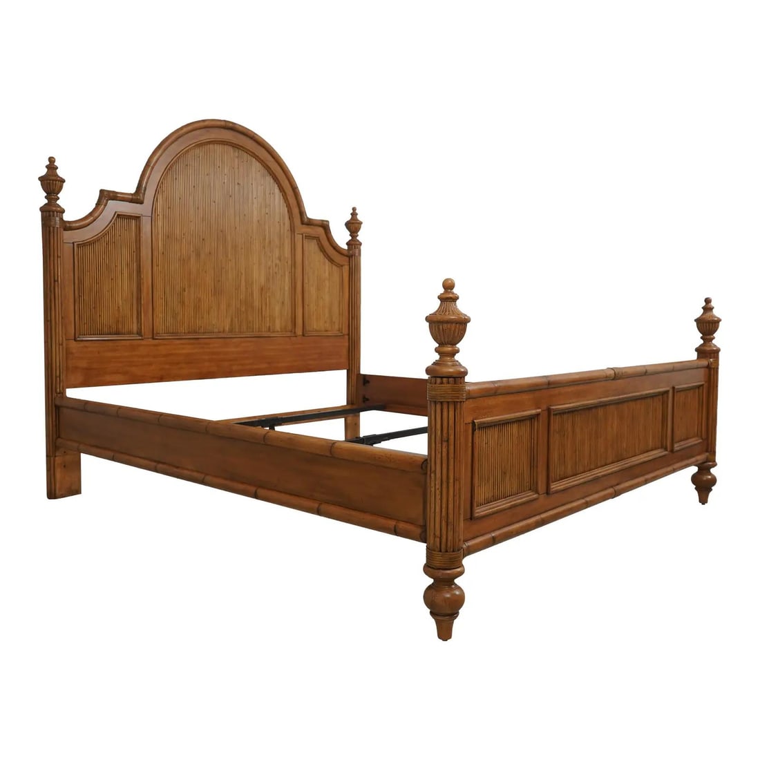 Tommy Bahama King Size Bamboo Bed with Leather Wrappings: Tommy Bahama King Size Bamboo Bed with Leather Wrappings This stunning King Size Bamboo Style Bed by Tommy Bahama showcases a factory-distressed finish that enhances its impressive bamboo form. Crafte