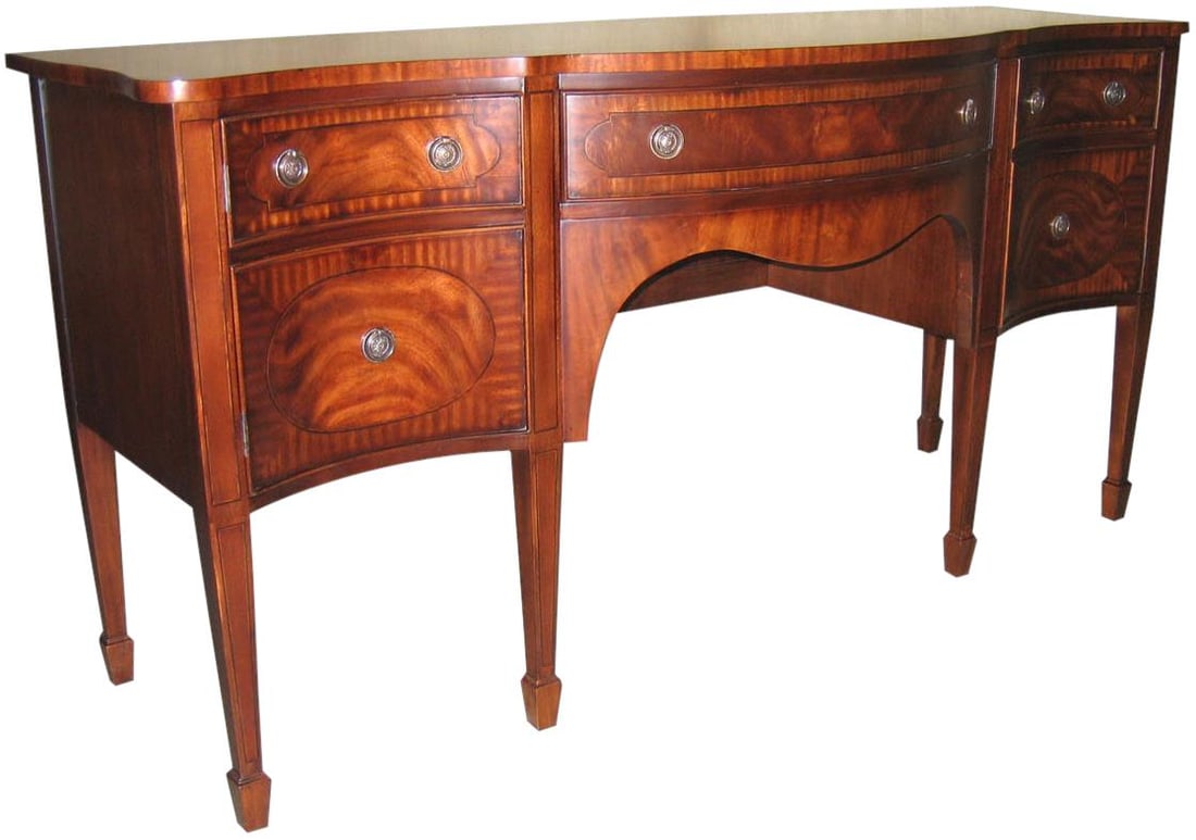 Elegant Serpentine Hepplewhite Sideboard with Banded Inlay: Elegant Serpentine Hepplewhite Sideboard with Banded Inlay This elegant Serpentine Hepplewhite Sideboard features a traditional mahogany finish and exquisite banded inlay, showcasing classic French st
