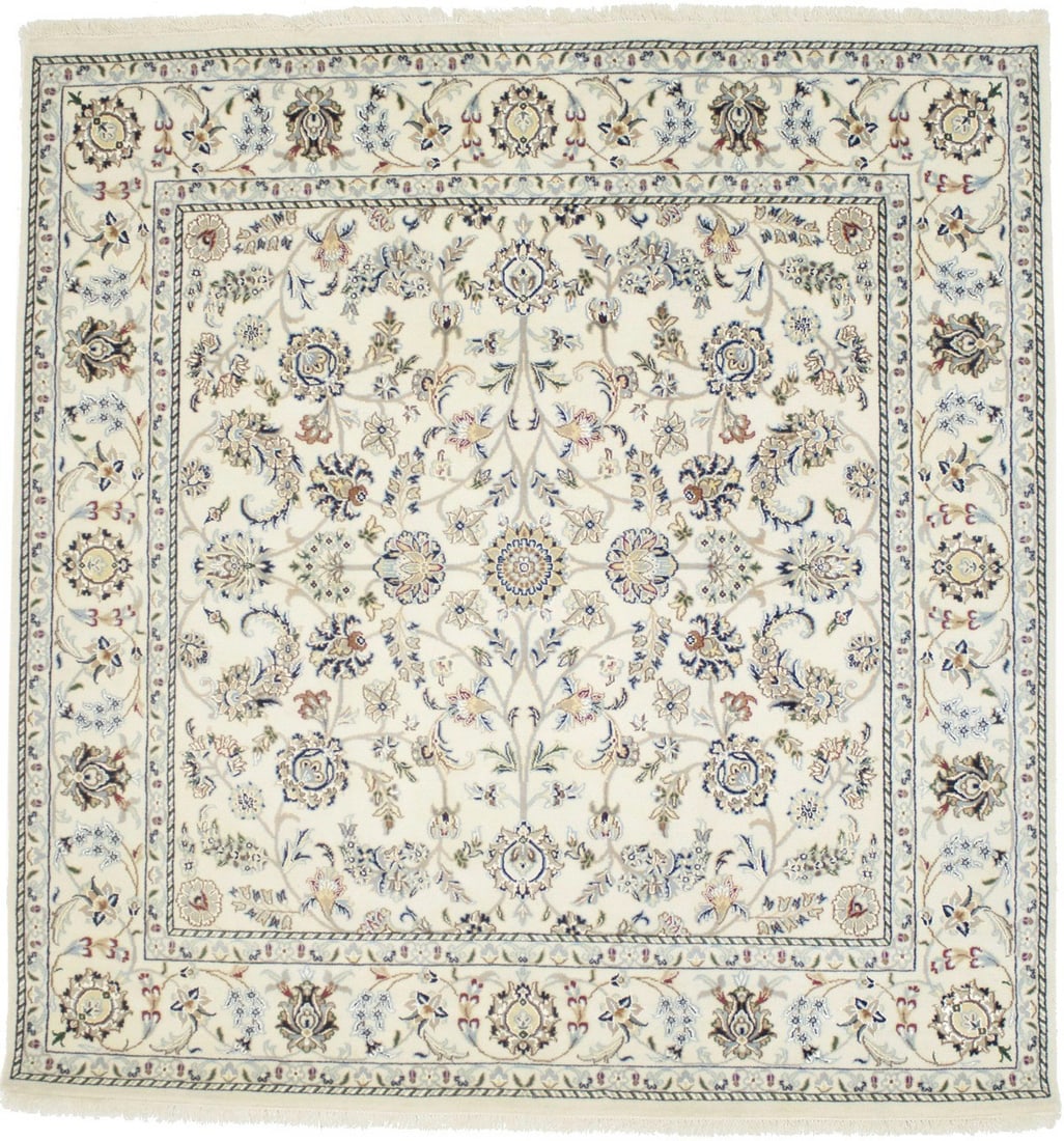 Square Wool and Silk Indo-Nain Floral Area Rug Hand-Knotted 5'11 x 6'2: Square Wool and Silk Indo-Nain Floral Area Rug Hand-Knotted 5'11 x 6'2 This handmade Indo-Nain area rug features a classic floral design with a mix of cream, red, light grey, green, tan, and navy colo