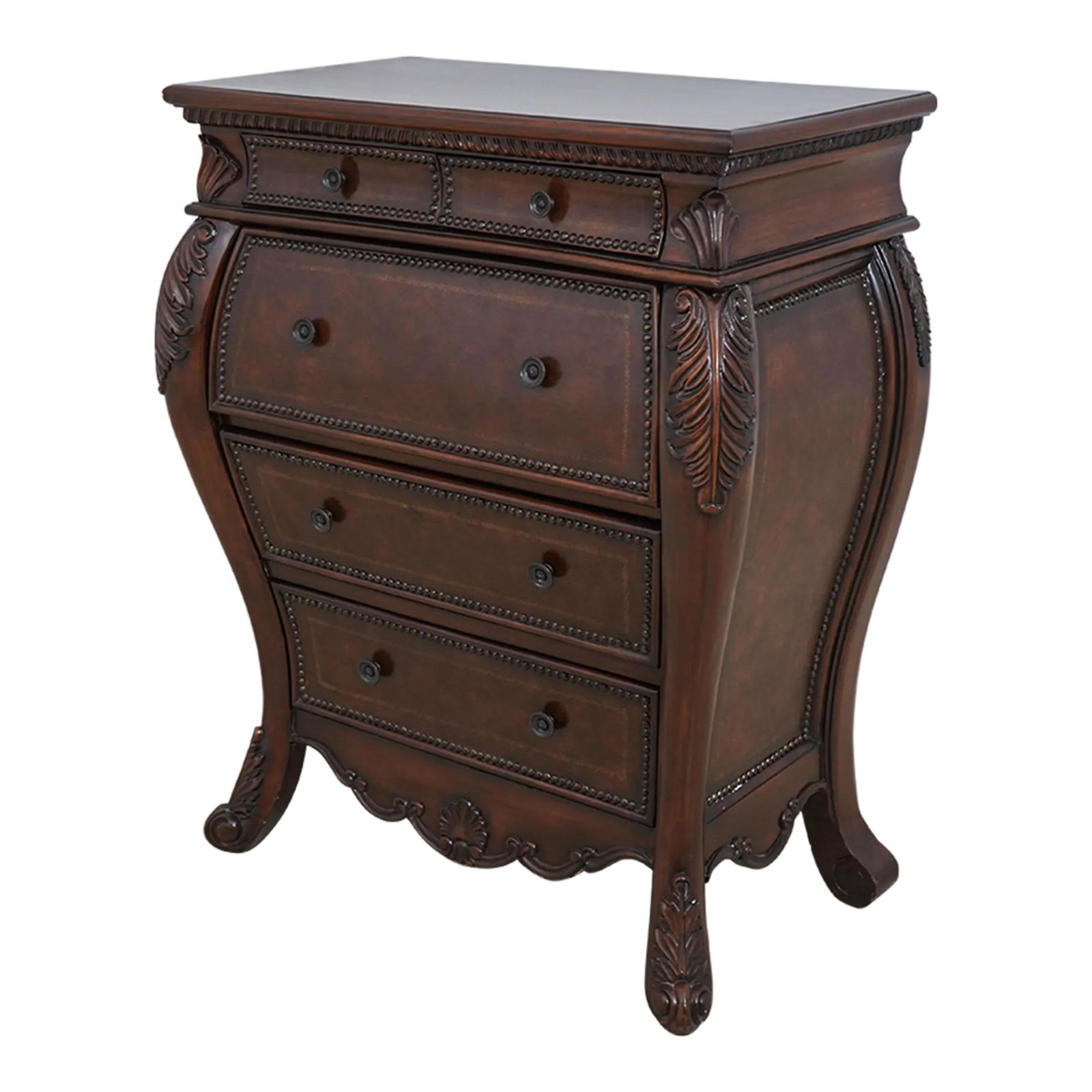 French Style Leather Fall Front Desk Chest with Carved Details: French Style Leather Fall Front Desk Chest with Carved Details This exquisite French Style Fall Front Desk Chest showcases elegant craftsmanship with intricate carved details and a stylish tack head t
