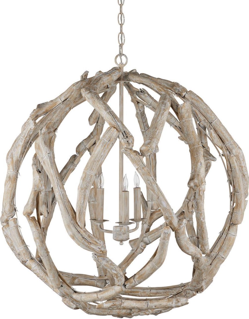 Currey Adjustable Driftwood Chandelier 31H 29W 29D Dimmable 3 Bulbs: Currey Adjustable Driftwood Chandelier 31H 29W 29D Dimmable 3 Bulbs Illuminate your space with this Coastal Charm Adjustable Chandelier, designed to bring a touch of elegance and tranquility to any ro
