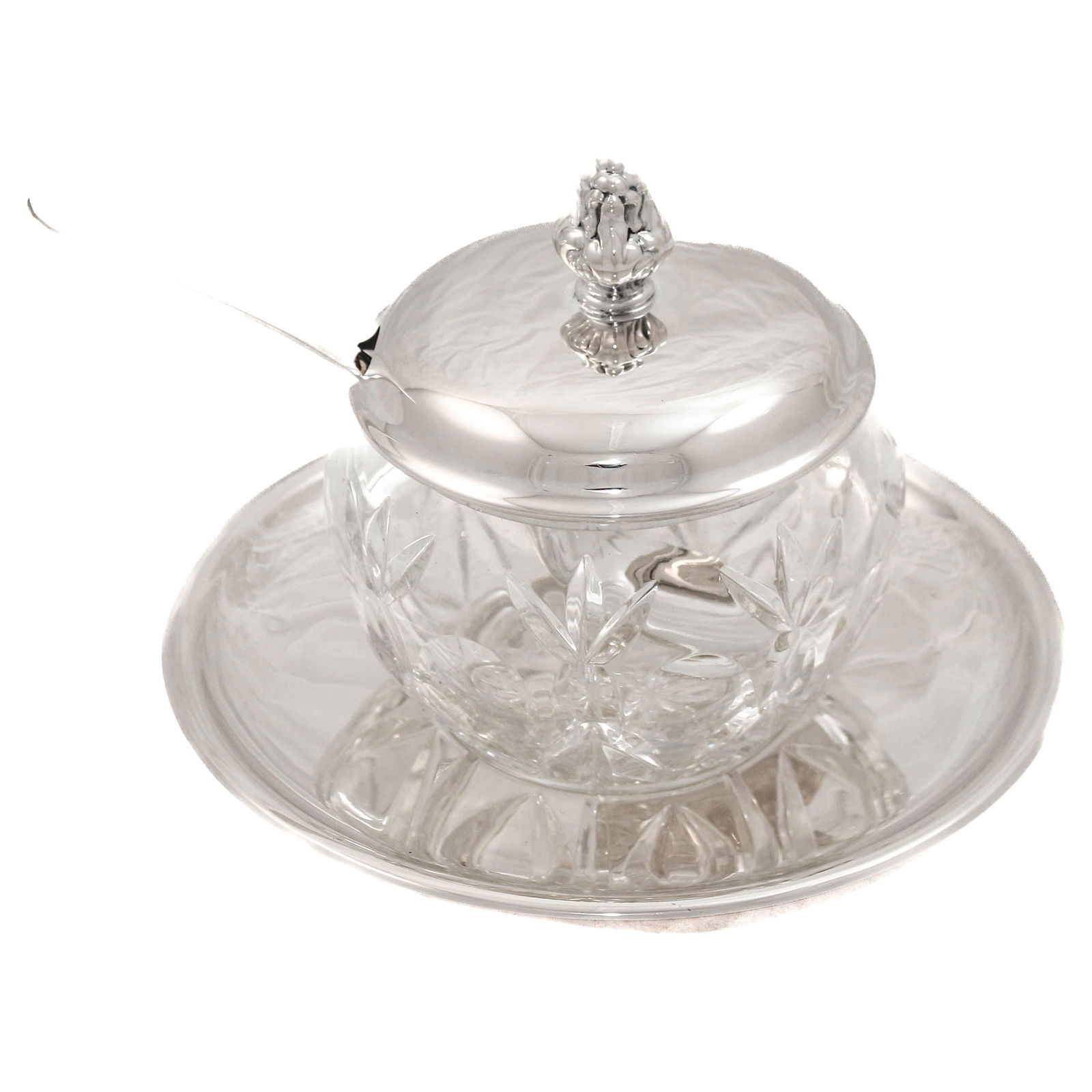 Scandinavian 835 Silver Mounted Crystal Condiment Jar Set with Spoon and Underplate: Scandinavian 835 Silver Mounted Crystal Condiment Jar Set with Spoon and Underplate This early 20th-century Scandinavian set features a cut crystal jar adorned with precise geometric and foliate patte