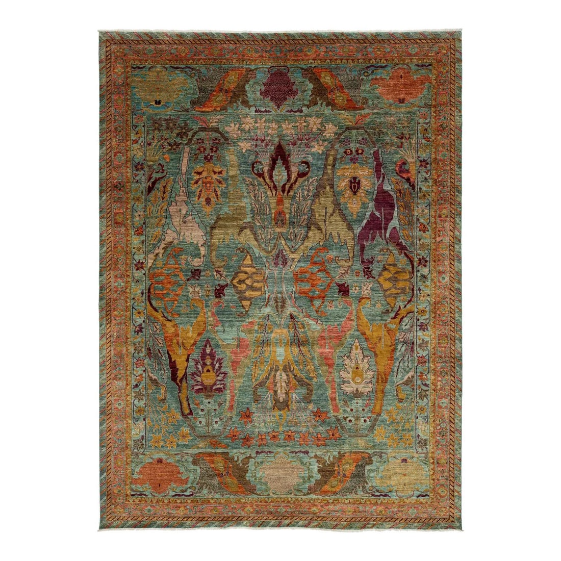 10' x 13'7" Hand-Knotted Wool Rug With Teal and Indigo Persian Motifs: 10' x 13'7" Hand-Knotted Wool Rug With Teal and Indigo Persian Motifs This contemporary Bidjar-style rug is hand-knotted from dense wool and showcases a central medallion with mirrored floral motifs i