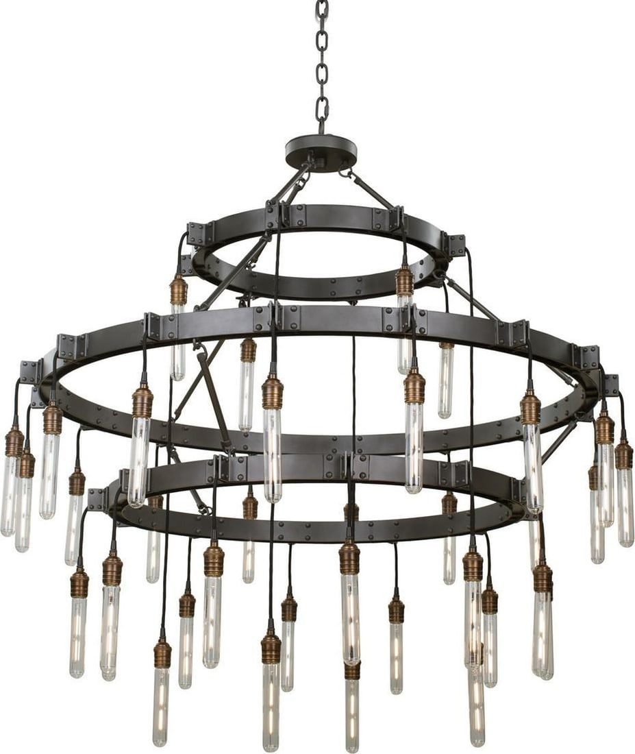 Kalco Stuyvesant Matte Gunmetal 3-Tier Chandelier 12+16+8 Light: Kalco Stuyvesant Matte Gunmetal 3-Tier Chandelier 12+16+8 Light Illuminate your space with the Stuyvesant Industrial Chandelier, a stunning centerpiece designed in a three-tier oval shape. Crafted fro