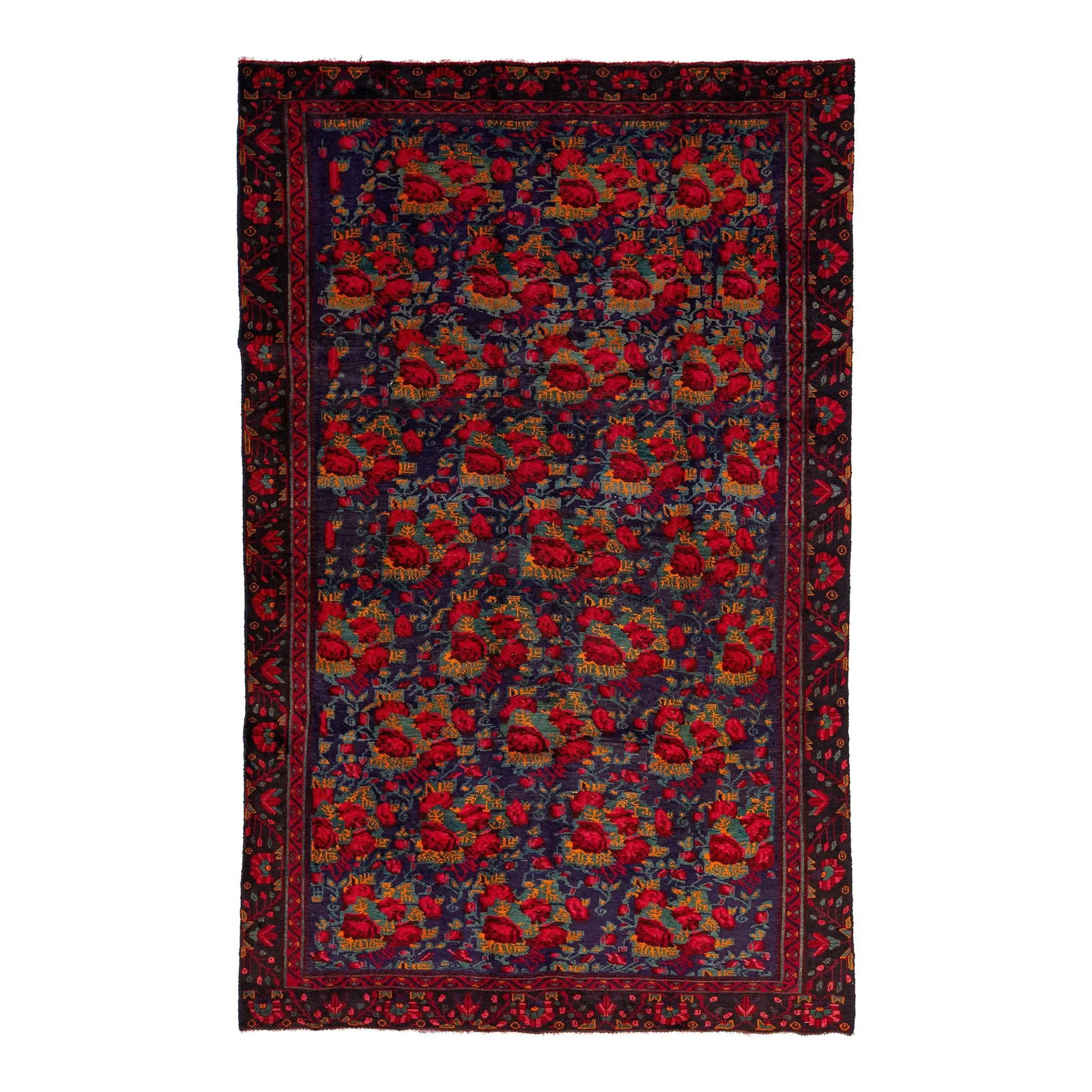 Handmade Vintage Persian Bidjar Wool Rug Floral Design Blue Purple Field: Handmade Vintage Persian Bidjar Wool Rug Floral Design Blue Purple Field Discover the beauty of this 1960s handmade Persian Bidjar wool rug, featuring a stunning blue-purple field adorned with vibrant