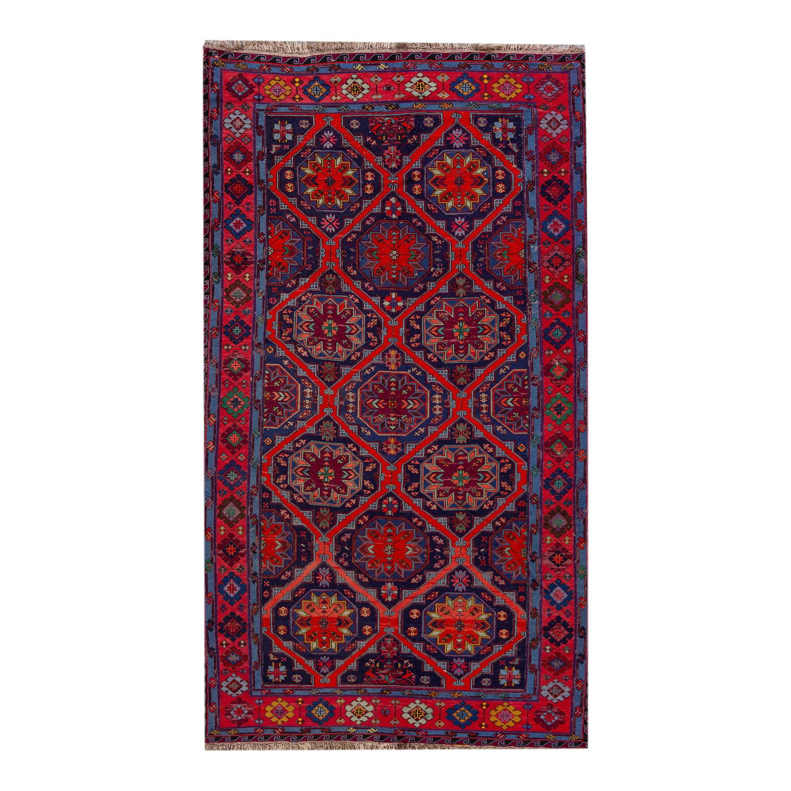 1960s Persian Bidjar Handmade Geometric Blue Wool Rug 7'01 x 12'08: 1960s Persian Bidjar Handmade Geometric Blue Wool Rug 7'01 x 12'08 Discover this stunning vintage Persian Bidjar rug, crafted by hand with meticulous attention to detail. Featuring a vibrant blue fiel