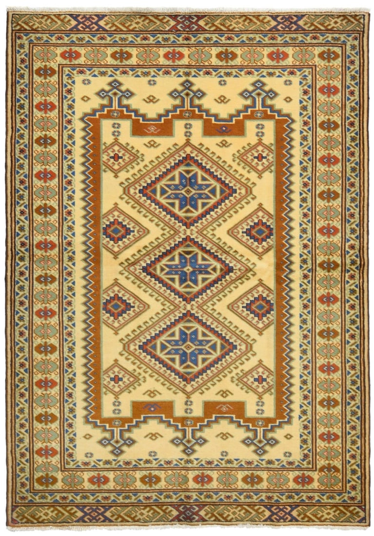 Vintage Hand-Knotted Wool Area Rug Tribal Geometric 4'8 x 6'7 Entryway Accent: Vintage Hand-Knotted Wool Area Rug Tribal Geometric 4'8 x 6'7 Entryway Accent This handmade Oriental area rug features a geometric tribal design with a vintage floral pattern. Crafted from wool using