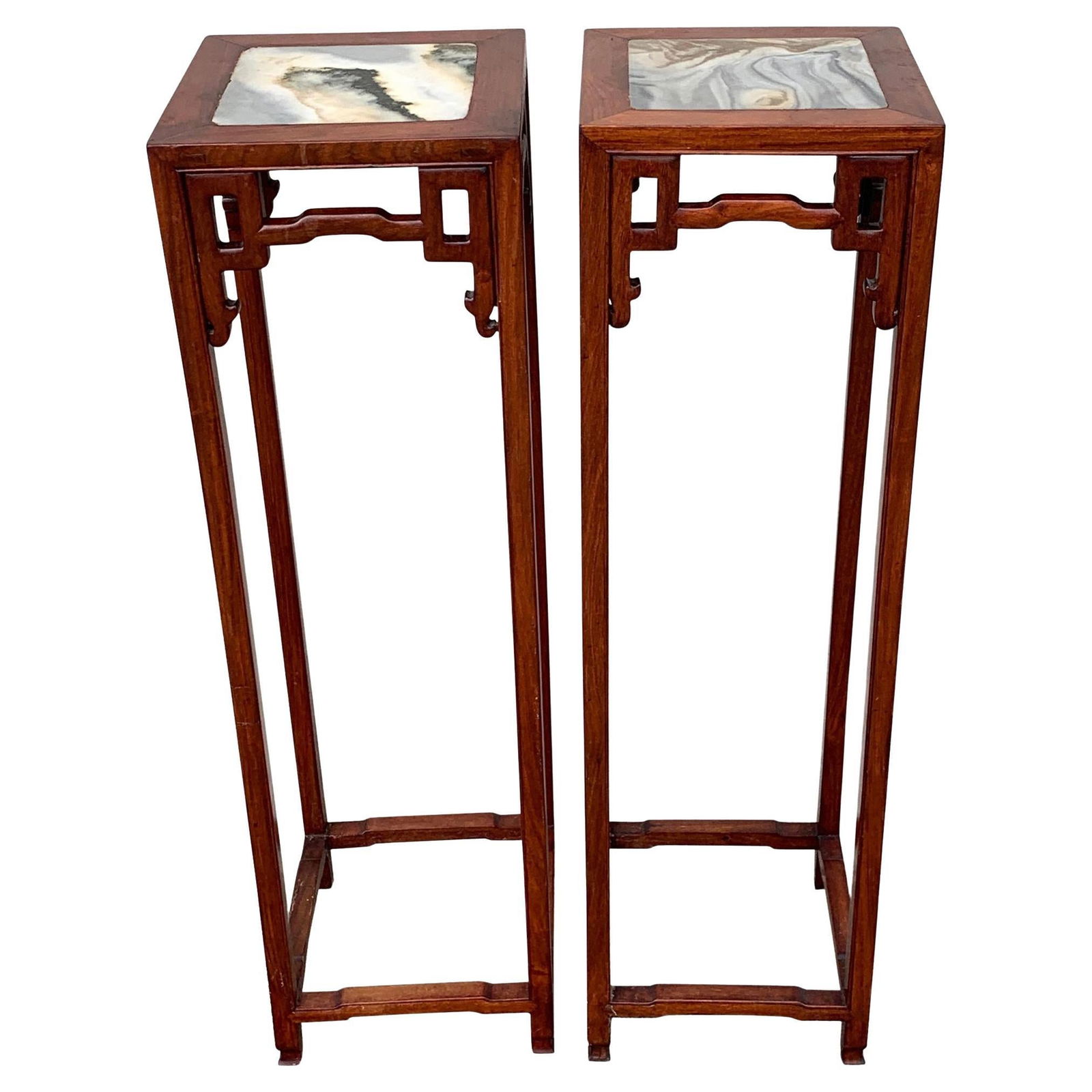 Set of 2 Chinese Export Hardwood Marble Pedestals 20th Century (1 of 9)