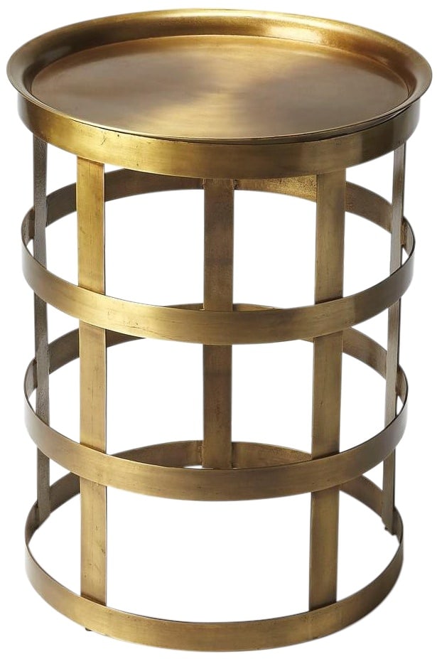 Butler Regis Gold Iron Round Side Table Industrial Chic: Butler Regis Gold Iron Round Side Table Industrial Chic Elevate your living space with this Butler's Gold Iron Industrial Side Table, designed to add a touch of elegance and functionality. This stylis