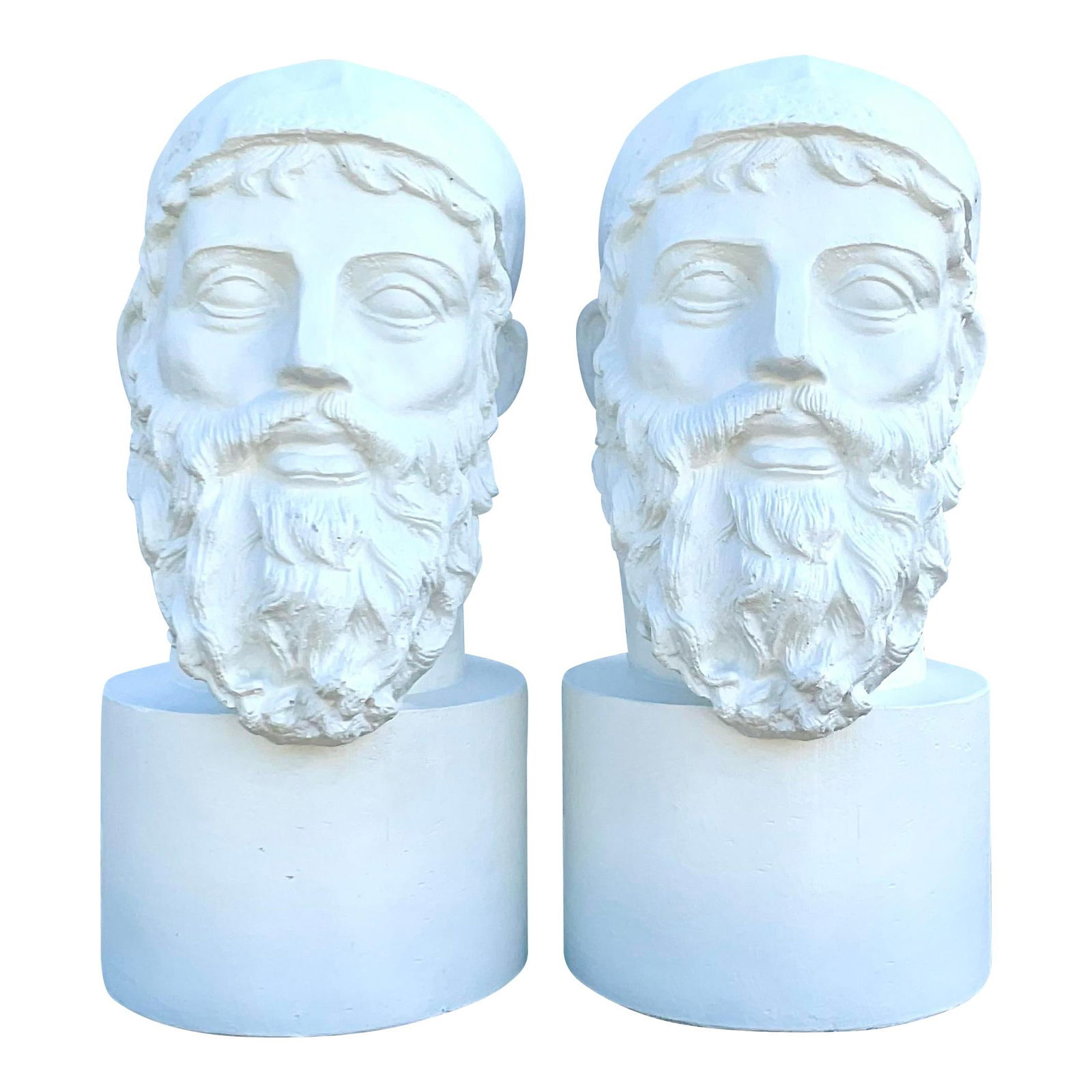 Vintage Grand Tour Style White Plaster Busts Pair: Vintage Grand Tour Style White Plaster Busts Pair Presenting a stunning pair of vintage plaster busts, each depicting a handsome man with a notable beard. Crafted in the grand tour style, these busts