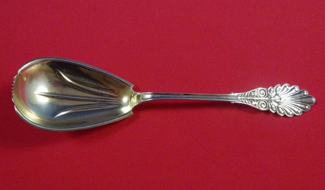 Wood & Hughes Grecian Sterling Silver Berry Spoon Gold Wash 8.5 in: Wood & Hughes Grecian Sterling Silver Berry Spoon Gold Wash 8.5 in This exquisite Grecian berry spoon, crafted by Wood & Hughes, showcases a stunning gold-washed finish over fine sterling silver. With