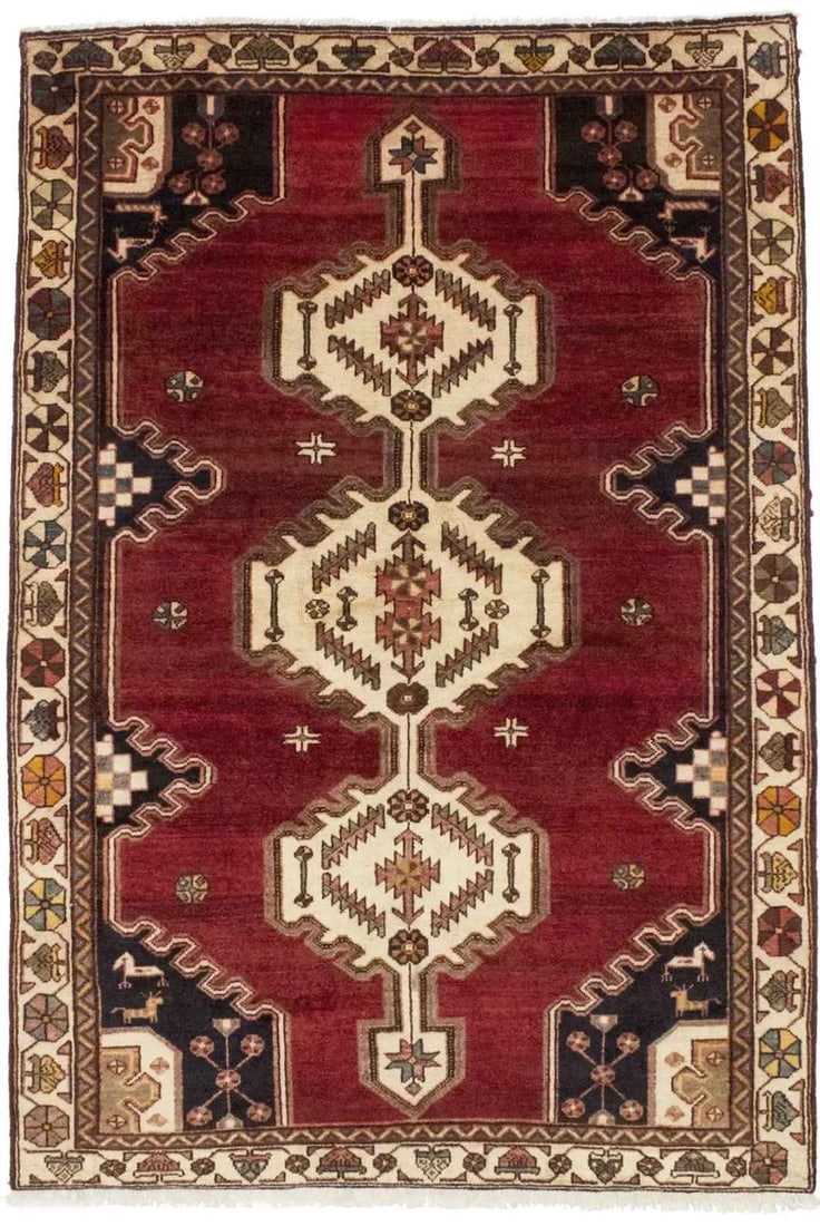 Hand-Knotted Wool Tribal Geometric Vintage Area Rug 4'6 x 6'8: Hand-Knotted Wool Tribal Geometric Vintage Area Rug 4'6 x 6'8 This handmade vintage Oriental rug features a tribal geometric pattern in shades of red, cream, charcoal, brown, tan, and more. Crafted fr
