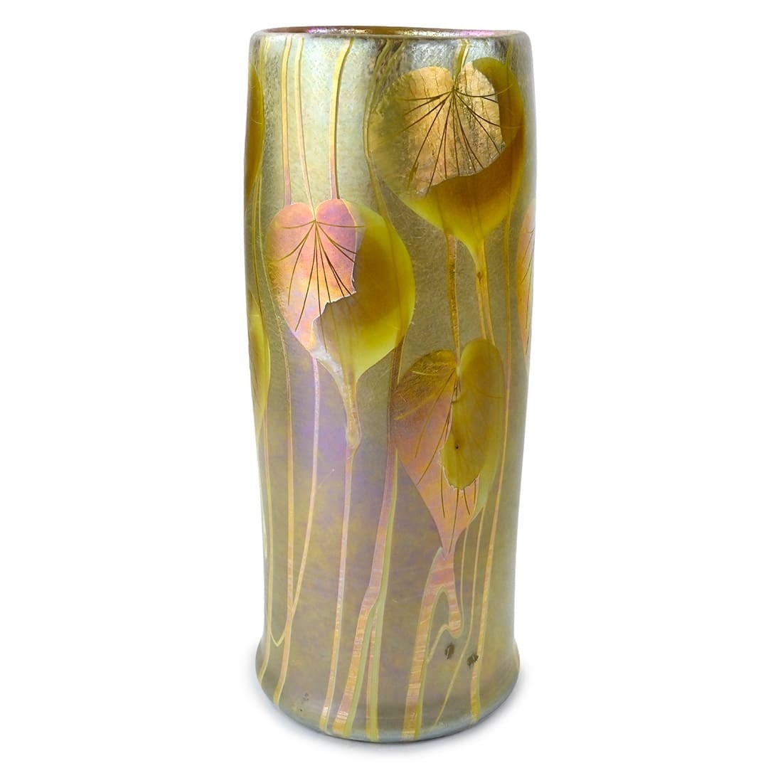 Tiffany Studios Wheel-Carved Favrile Glass Vase Multi-Color Nature Theme: Tiffany Studios Wheel-Carved Favrile Glass Vase Multi-Color Nature Theme This exquisite Tiffany Glass & Decorating Wheel-Carved Favrile Glass Vase showcases a stunning iridescent finish adorned with a