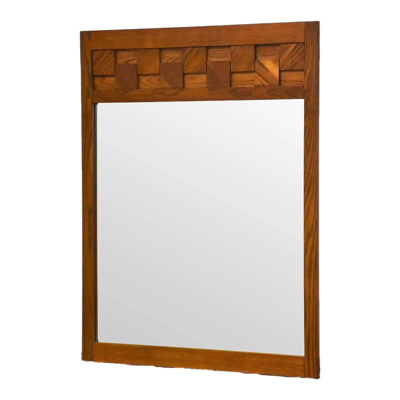 1970s Mid-Century Modern Oak Brutalist Chunk Block Mirror: 1970s Mid-Century Modern Oak Brutalist Chunk Block Mirror Discover a stunning 1970s Brutalist mirror crafted from golden oak, featuring a unique chunk block design that embodies mid-century modern sty