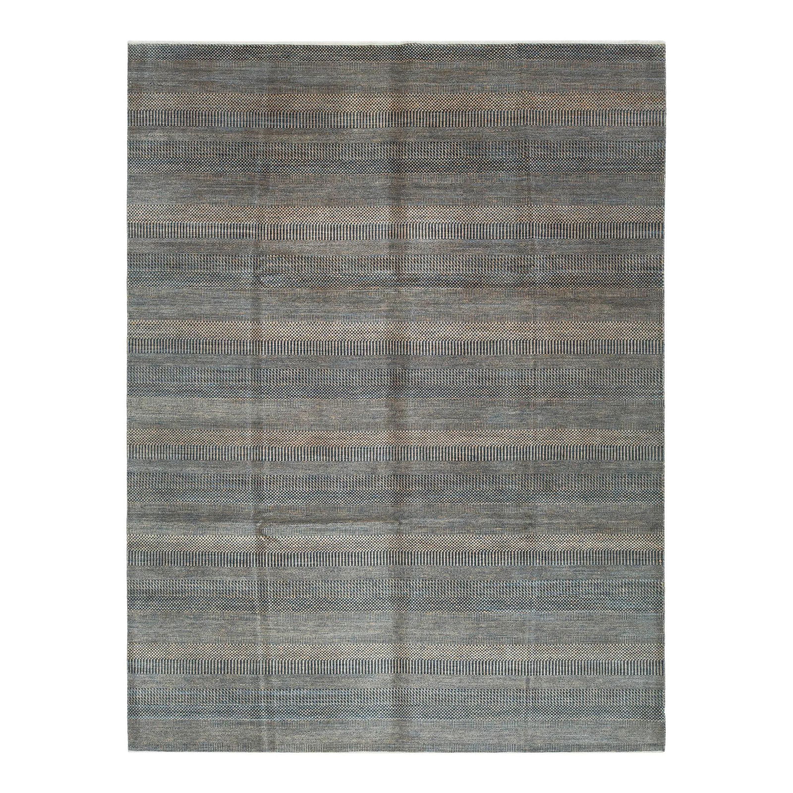 Modern Handmade Wool Rug 9'2 x 12 Geometric Design Blue Orange: Modern Handmade Wool Rug 9'2 x 12 Geometric Design Blue Orange Enhance your living space with this stunning hand-knotted wool rug that features a contemporary design. The rug showcases a beautifully c