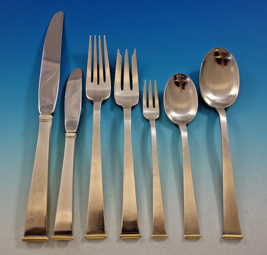 Gorham Gold Tip Sterling Silver Flatware Set 92 pc Mid Century Modern: Gorham Gold Tip Sterling Silver Flatware Set 92 pc Mid Century Modern Discover the elegance of this Mid-Century Modern flatware set by Gorham, featuring a stunning Gold Tip pattern. Crafted from sterl