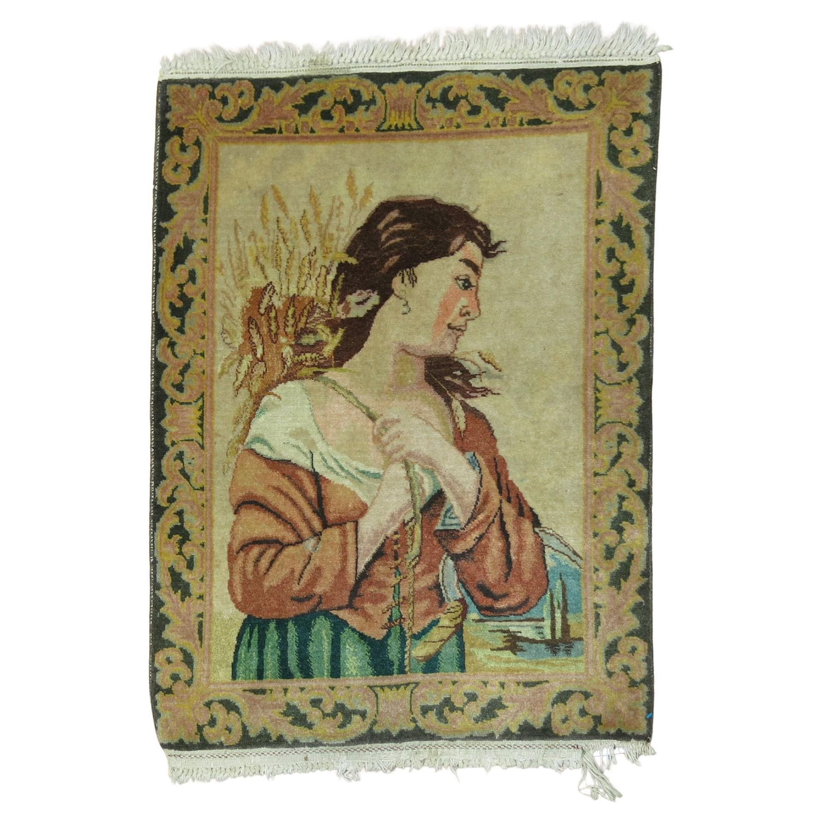 Vintage Tabriz Lady Portrait Rug 24 x 32 Iran Cotton Wool: Vintage Tabriz Lady Portrait Rug 24 x 32 Iran Cotton Wool This exquisite vintage Tabriz rug features a captivating pictorial design of a lady in a moment of tranquility. Measuring 24 inches in width a