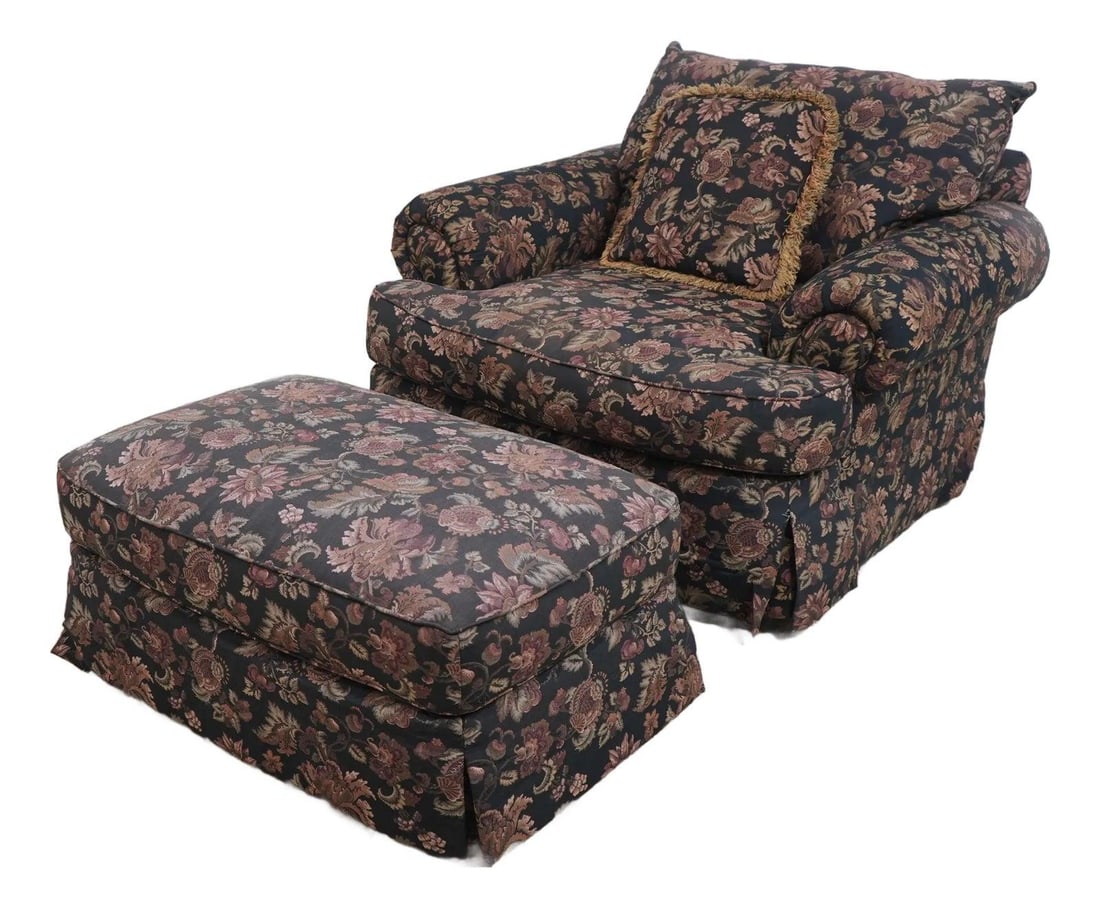 Thomasville Floral Club Chair and Ottoman Set Brown Upholstery: Thomasville Floral Club Chair and Ottoman Set Brown Upholstery Enhance your living space with this elegant Thomasville large floral upholstered club chair and ottoman set. This impressive chair, craft