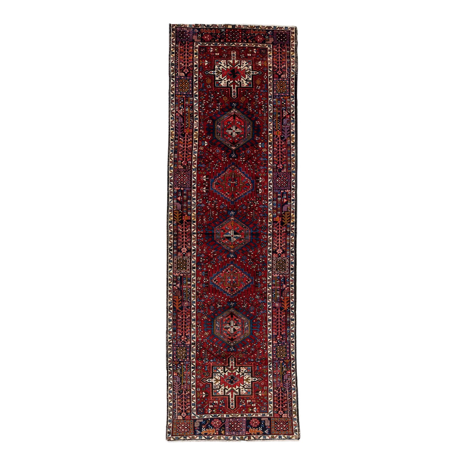 Vintage Persian Heriz Handmade Wool Runner Navy Blue Medallion 3'6" x 11': Vintage Persian Heriz Handmade Wool Runner Navy Blue Medallion 3'6" x 11' This stunning 1960s vintage Persian Heriz runner is hand-knotted from high-quality wool, showcasing a rich navy blue field ado