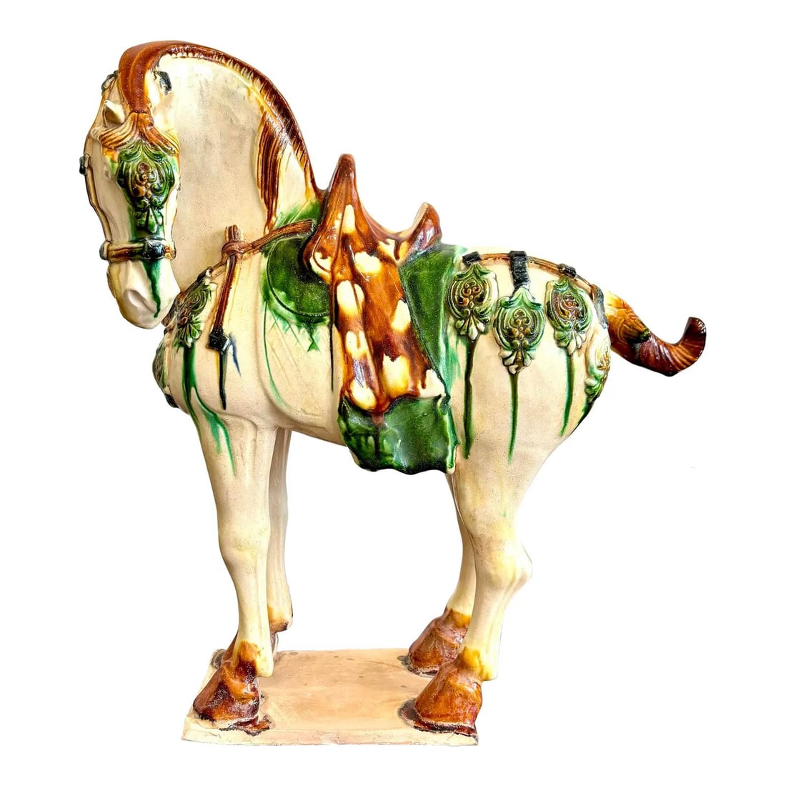 Vintage Boho Ceramic Horse Statue Tang Dynasty Inspired: Vintage Boho Ceramic Horse Statue Tang Dynasty Inspired This vintage glazed ceramic horse statue embodies the regal spirit of ancient Tang dynasty artistry, featuring a rich palette of amber, jade, an