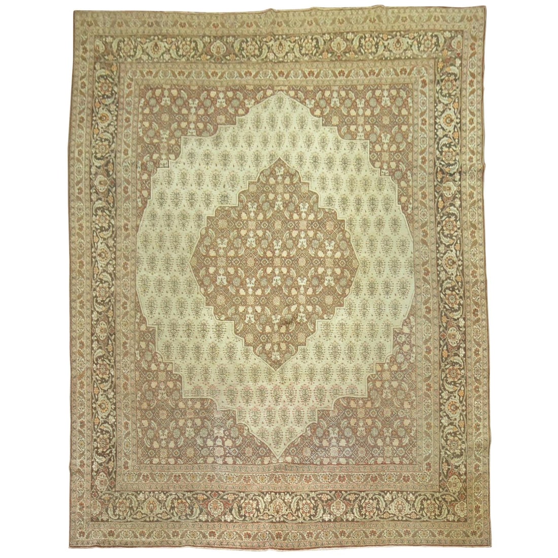 Antique Persian Tabriz Rug Hand-Knotted Wool 9'1" x 12'11": Antique Persian Tabriz Rug Hand-Knotted Wool 9'1" x 12'11" This exquisite Antique Persian Tabriz Rug features a captivating Herati pattern in rich brown and cinnamon tones. Hand-knotted from high-qual
