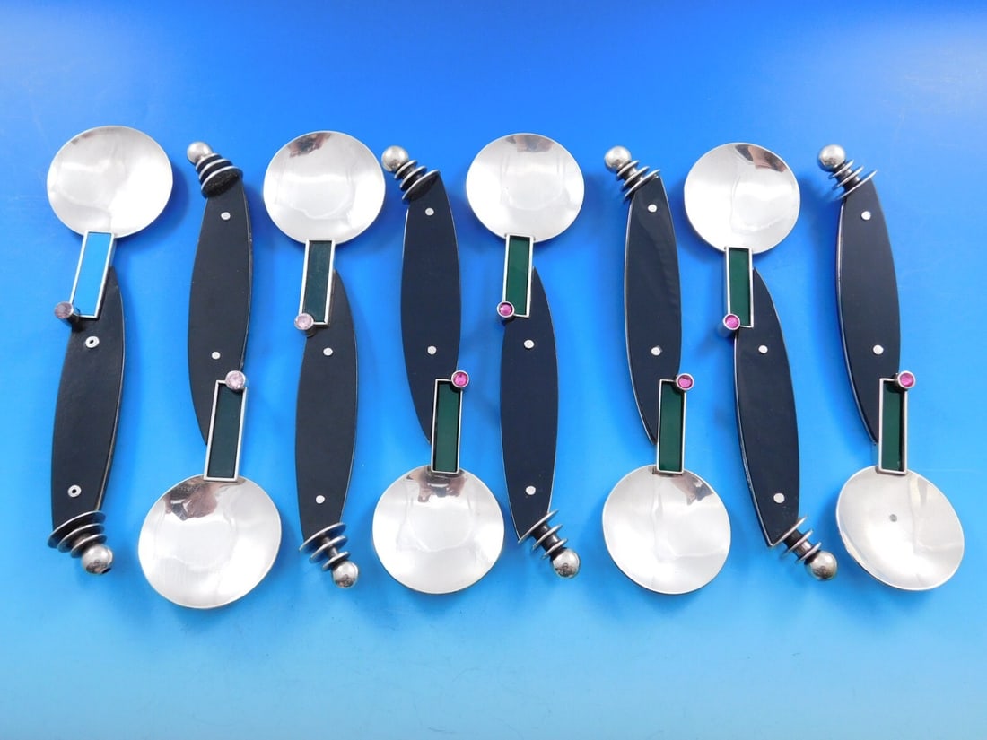 Mardi Jo Cohen 8pc Sterling Silver Memphis Design Soup Spoon Set: Mardi Jo Cohen 8pc Sterling Silver Memphis Design Soup Spoon Set This exquisite 8-piece cream soup spoon set by Mardi Jo Cohen showcases the bold geometric Memphis Design style, renowned for its eclec