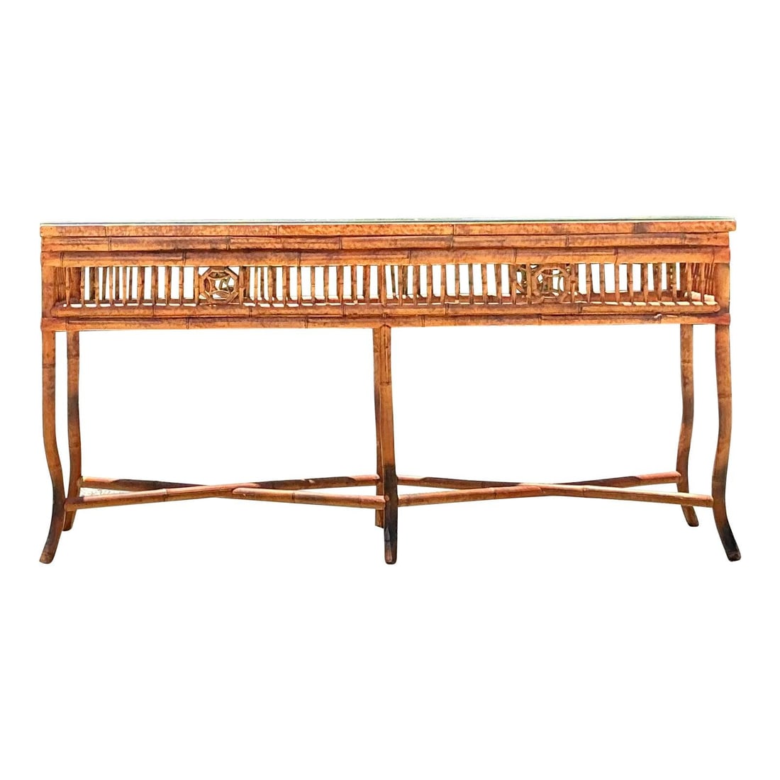 Vintage Bamboo Medallion Console Table Coastal Design 60.25": Vintage Bamboo Medallion Console Table Coastal Design 60.25" Enhance your living space with this Vintage Coastal Bamboo Medallion Console Table, a stunning example of timeless design and artisanal cra